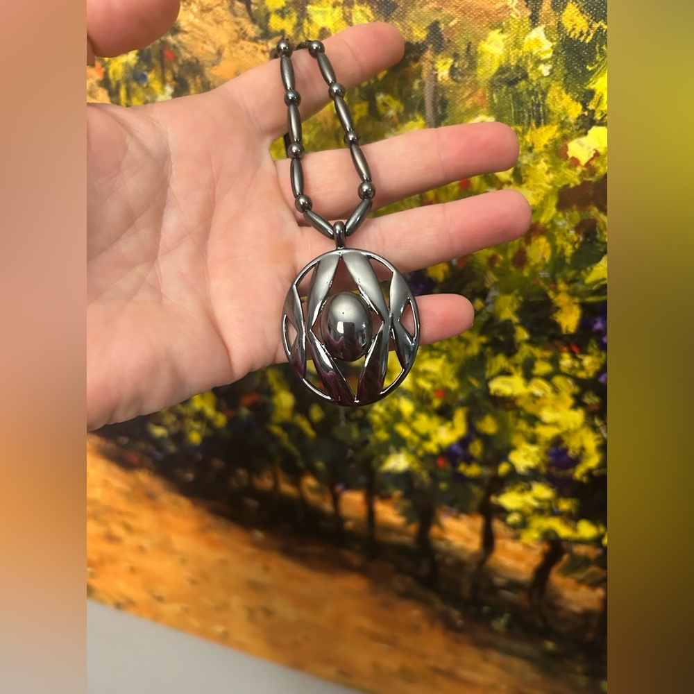 Solitaire Circle Pendant Cable Black Silver Toned Dressy Necklace